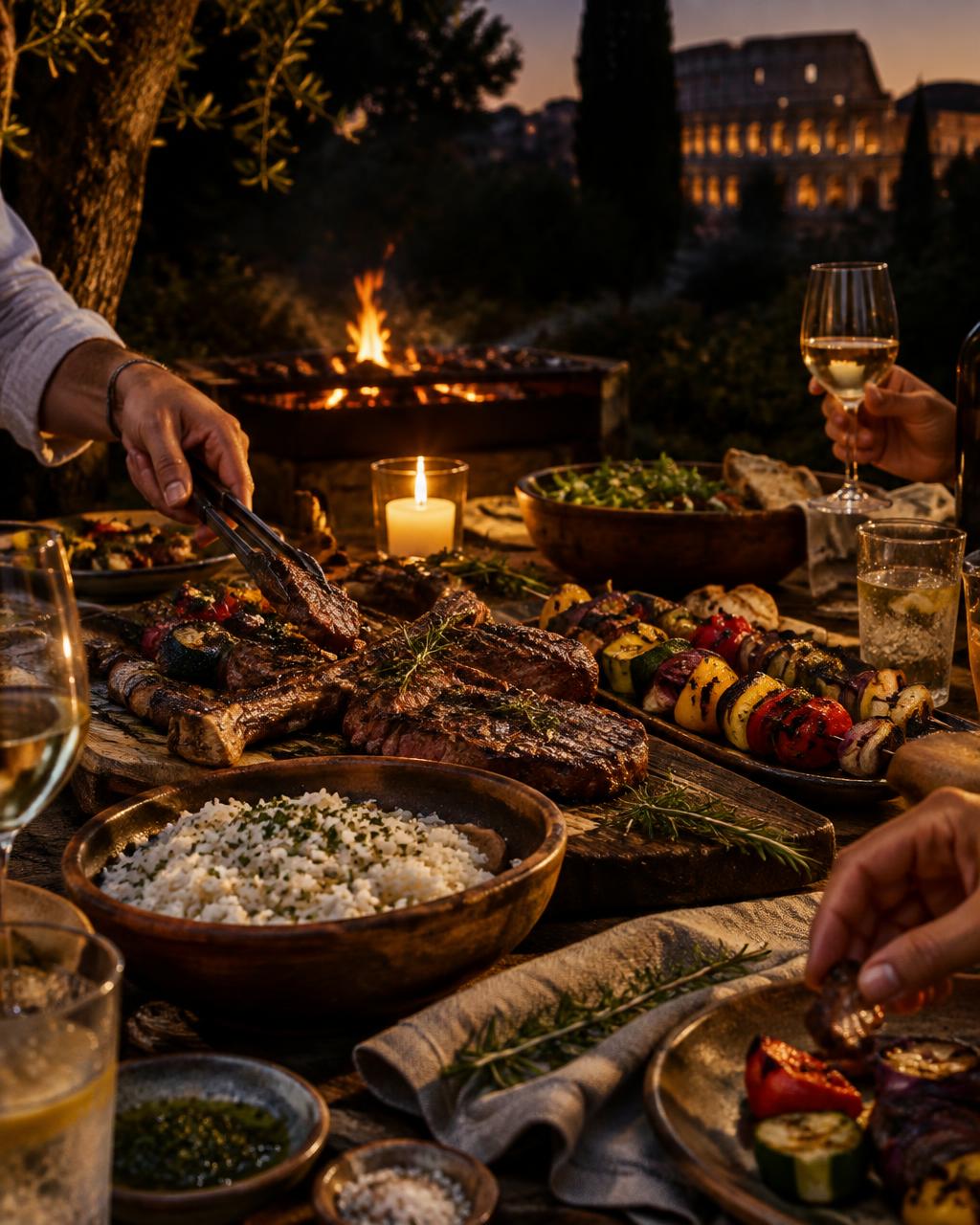 Table de grillades, boissons et riz blanc